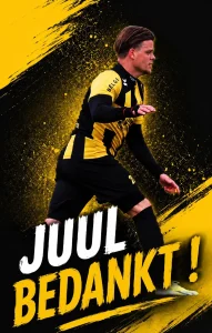 FC Gulpen speler Juul Tulkens in geel-zwart tenue - afscheidsposter met tekst Juul Bedankt