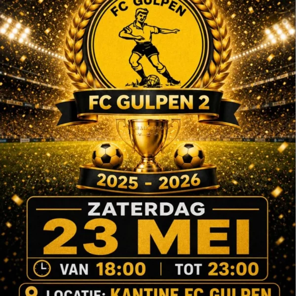 Kampioensfeest poster FC Gulpen 2, ongeslagen kampioen seizoen 2025-2026, zaterdag 23 mei kantine FC Gulpen met DJ Marvinnoise
